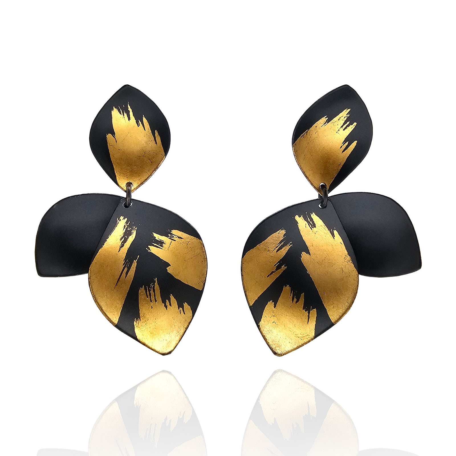 Black and Gold Three-Petal Earrings-Earrings-Judith Neugebauer-Pistachios