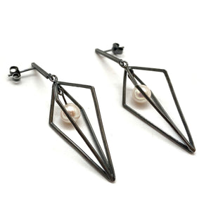 Diamond Drop Link Earrings with Pearl-Earrings-Veronika Majewska-Pistachios