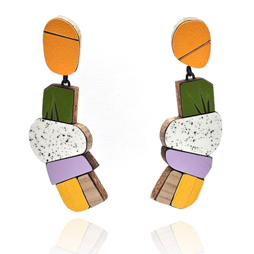 Geometric Earrings - Marble, Orange and Metallic