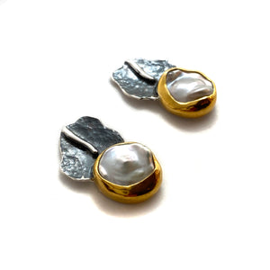 Gold Vermeil Bezel Pearl Earrings-Earrings-Eva Stone-Pistachios