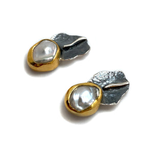 Gold Vermeil Bezel Pearl Earrings-Earrings-Eva Stone-Pistachios