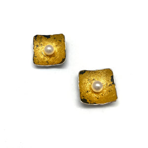 Gold and Pearl Square Studs-Earrings-So Young Park-Pistachios