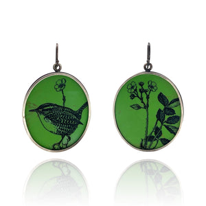 Green Floral and Bird Earrings-Earrings-Kelly Jean Conroy-Pistachios