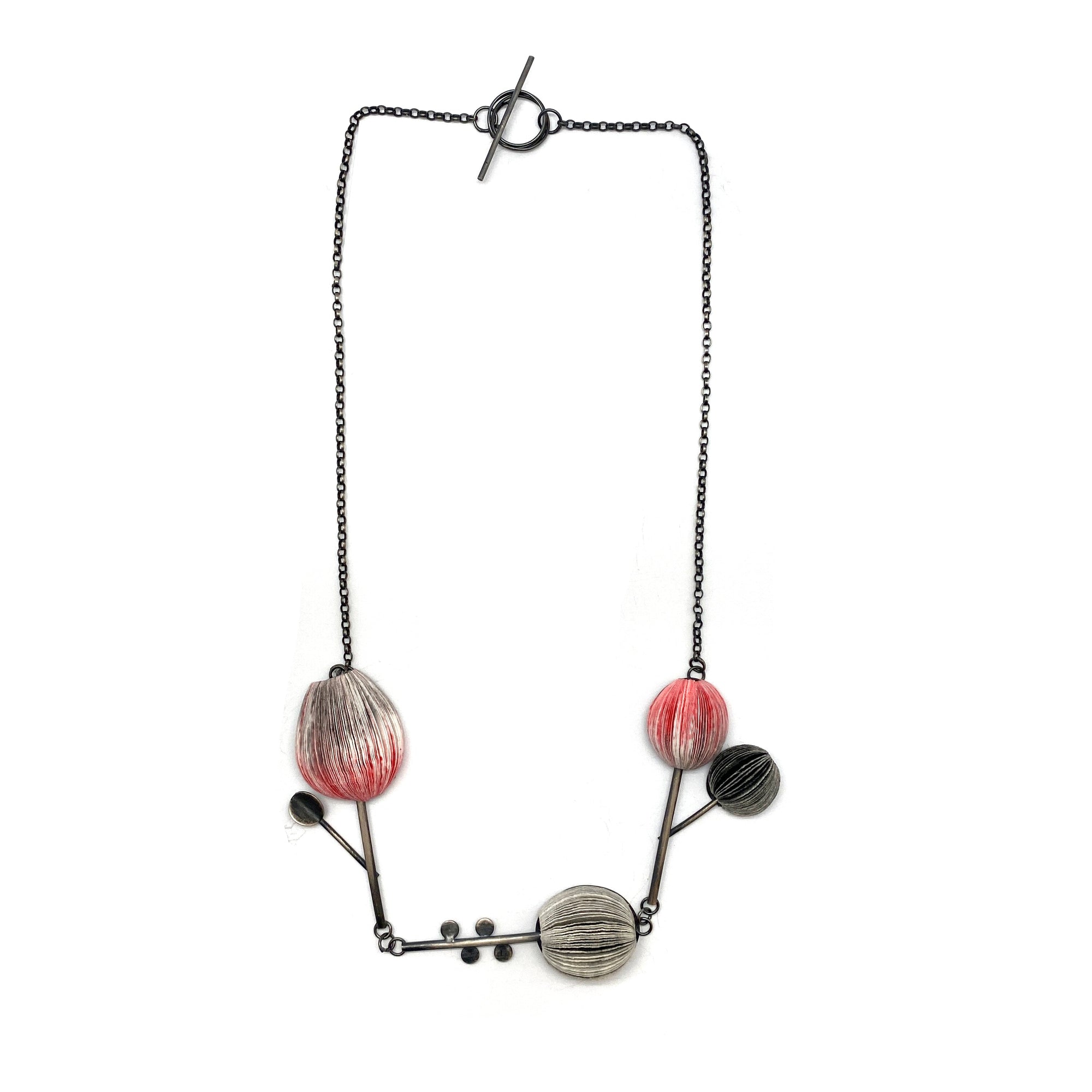 Grey and Red Floral Japanese Paper Necklace-Necklaces-Naoko Yoshizawa-Pistachios