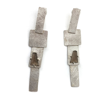 Long Carved Tab Link Earrings - Smoky Quartz