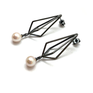 Oxidized Diamond Pearl Drop Earrings-Earrings-Veronika Majewska-Pistachios