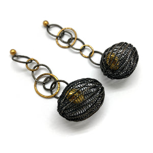 Oxidized and Gold Cage Link Drops-Earrings-Sowon Joo-Pistachios