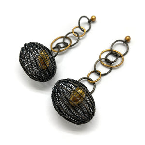 Oxidized and Gold Cage Link Drops-Earrings-Sowon Joo-Pistachios