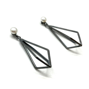 Pearl Stud with Oxidized Diamond Drop-Earrings-Veronika Majewska-Pistachios