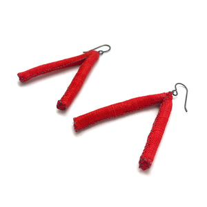 Red Triangular Fabric Tube Earrings-Earrings-Myung Urso-Pistachios