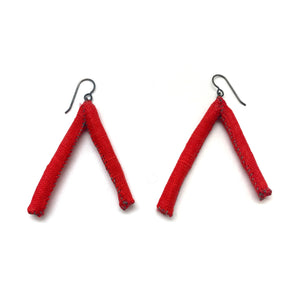 Red Triangular Fabric Tube Earrings-Earrings-Myung Urso-Pistachios