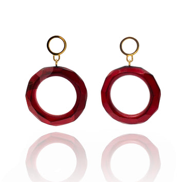Red Wood Circle Earrings