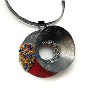 Red and Multi-Bead Silver Concave XL Collar Necklace-Necklaces-So Young Park-Pistachios