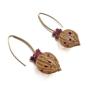 Ruby and Gold Crochet Earrings - Pistachios