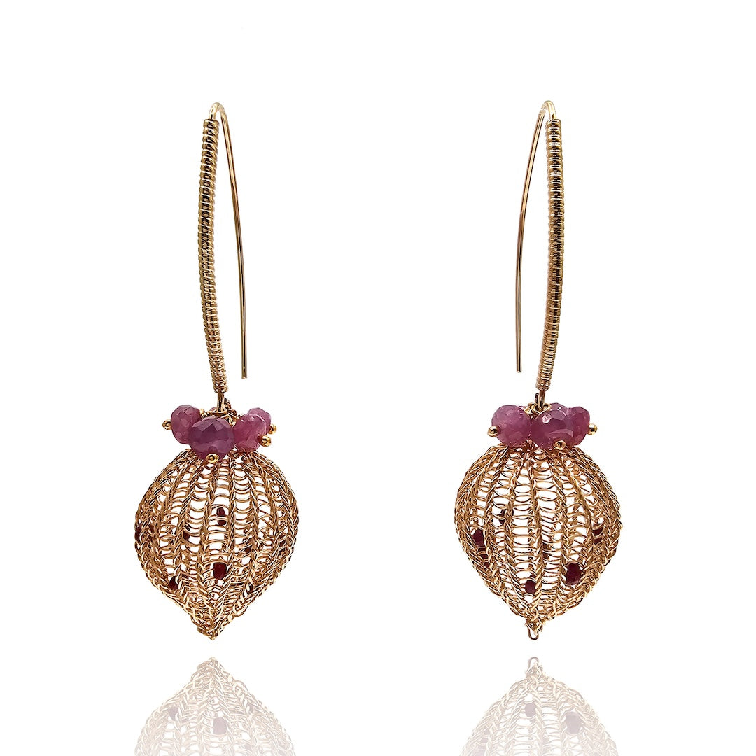 Ruby and Gold Crochet Earrings-Earrings-Sowon Joo-Pistachios