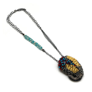 Sterling Silver and Gold Layered Scale Gemstone Brooch/Pendant-Necklaces-So Young Park-Pistachios