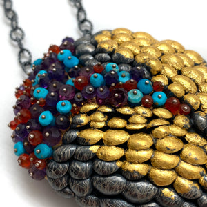 Sterling Silver and Gold Layered Scale Gemstone Brooch/Pendant-Necklaces-So Young Park-Pistachios