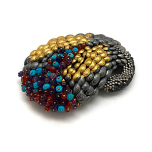 Sterling Silver and Gold Layered Scale Gemstone Brooch/Pendant-Necklaces-So Young Park-Pistachios