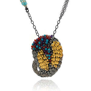 Sterling Silver and Gold Layered Scale Gemstone Brooch/Pendant-Necklaces-So Young Park-Pistachios