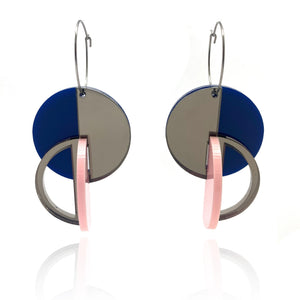Three Dimensional Blue, Peach & Gray Mirror Earrings-Earrings-Marianne Villalobos-Pistachios