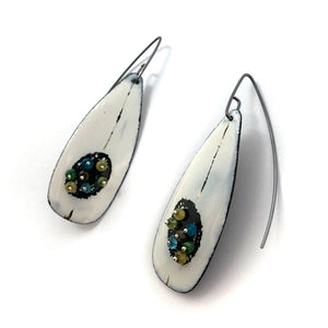 White Enamel Earrings with Blue Green Beads-Earrings-Jenne Rayburn-Pistachios