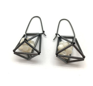 3-D Cage Earrings - White Spheres-Earrings-Emilie Pritchard-Pistachios