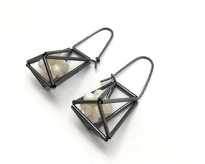 3-D Cage Earrings - White Spheres-Earrings-Emilie Pritchard-Pistachios