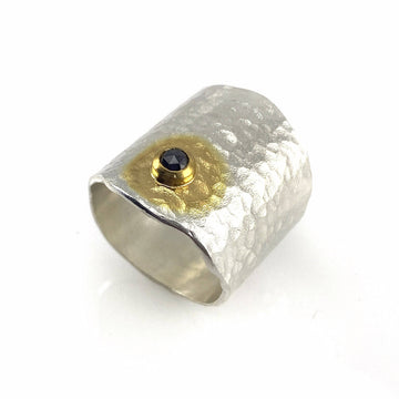 Bright Silver Hammer Textured Diamond Ring