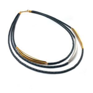 Multi-Strand Grey Hematite, Gold Vermeil & Sterling Silver Necklace-Necklaces-Oliwia Kuczynska-Pistachios